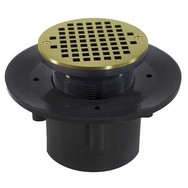 Jones Stephens 4in. Heavy Duty PVC Slab Drain Base with 4in. Plastic Spud and 6in. Polished Brass Strainer D49579 - main